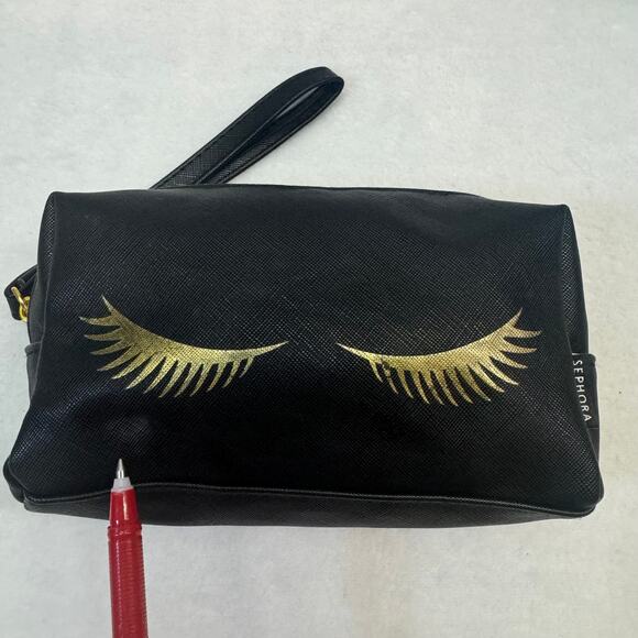SEPHORA Makeup Cosmetics Travel Toiletry Bag Black Pouch Hot Gold Eyelashes Glam - Picture 7 of 9